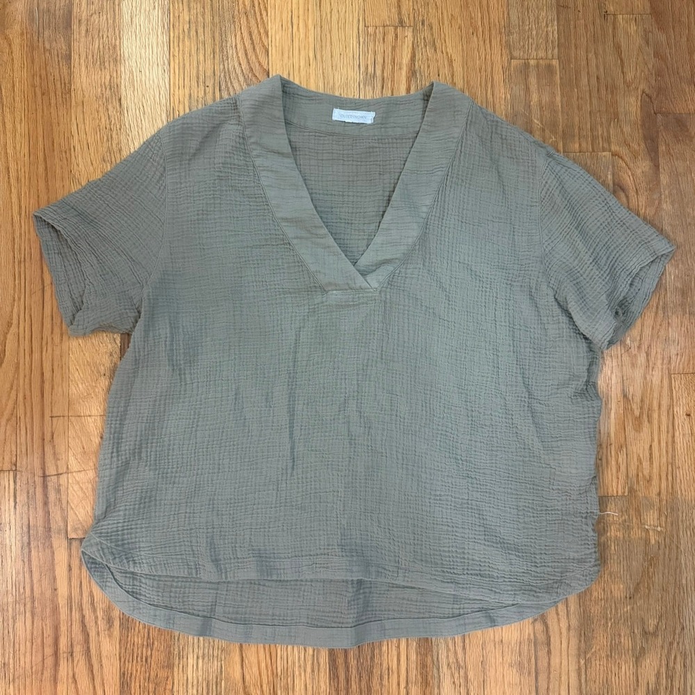 Outerknown Organic Cotton Gauze VNeck SS Top Shirt Sage Green Large Fall - Picture 2 of 8